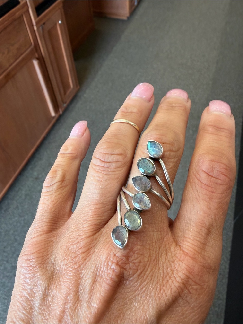 925 Adjustable Sterling Multi-Stone Labradorite Ring - Iridescent Blue-Green